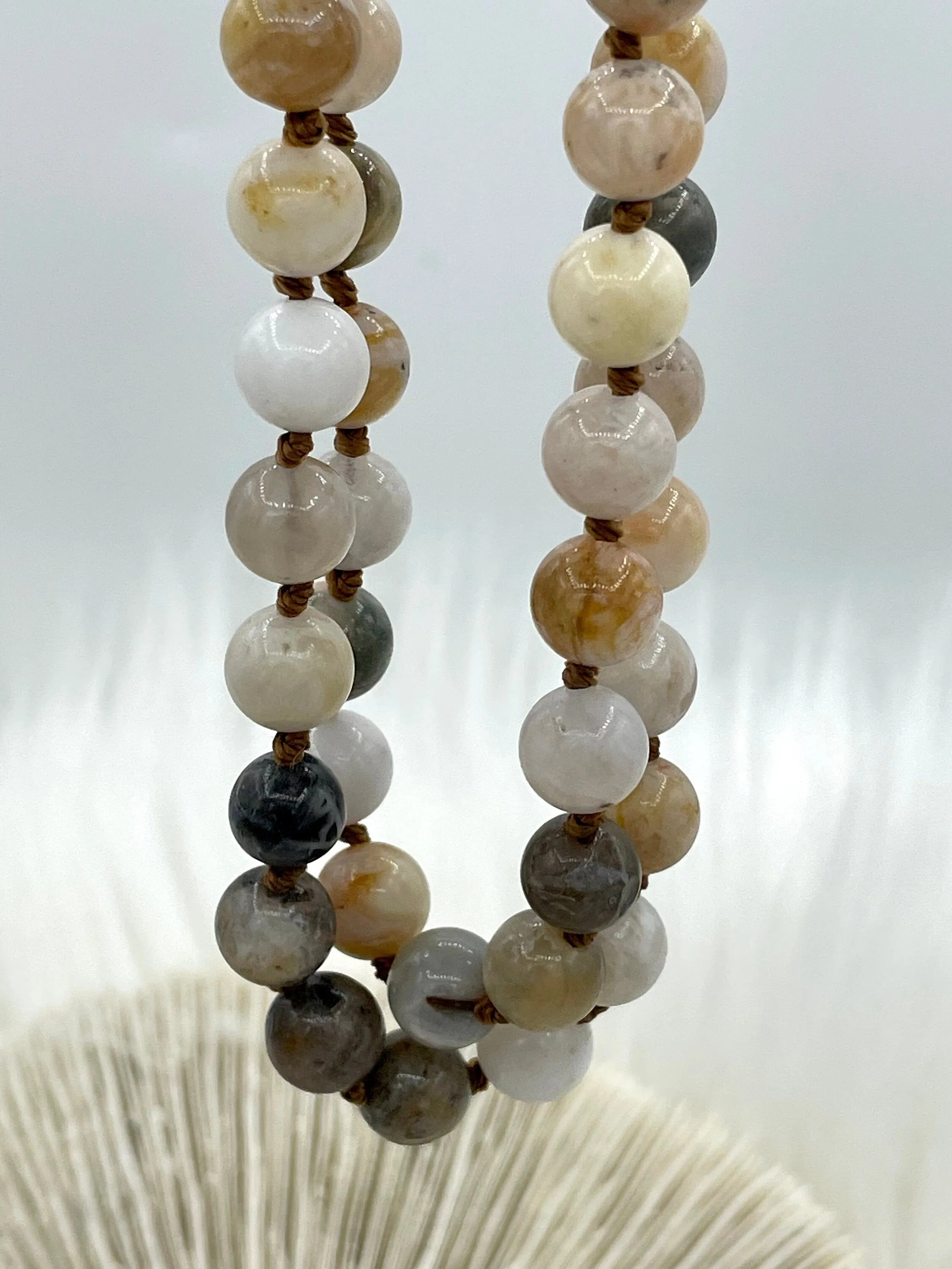 BAMBOO AGATE Hand Knotted Gemstone Necklace, 36"  Bamboo Agate, 8mm Round Polished finish with brown thread. Fast ship