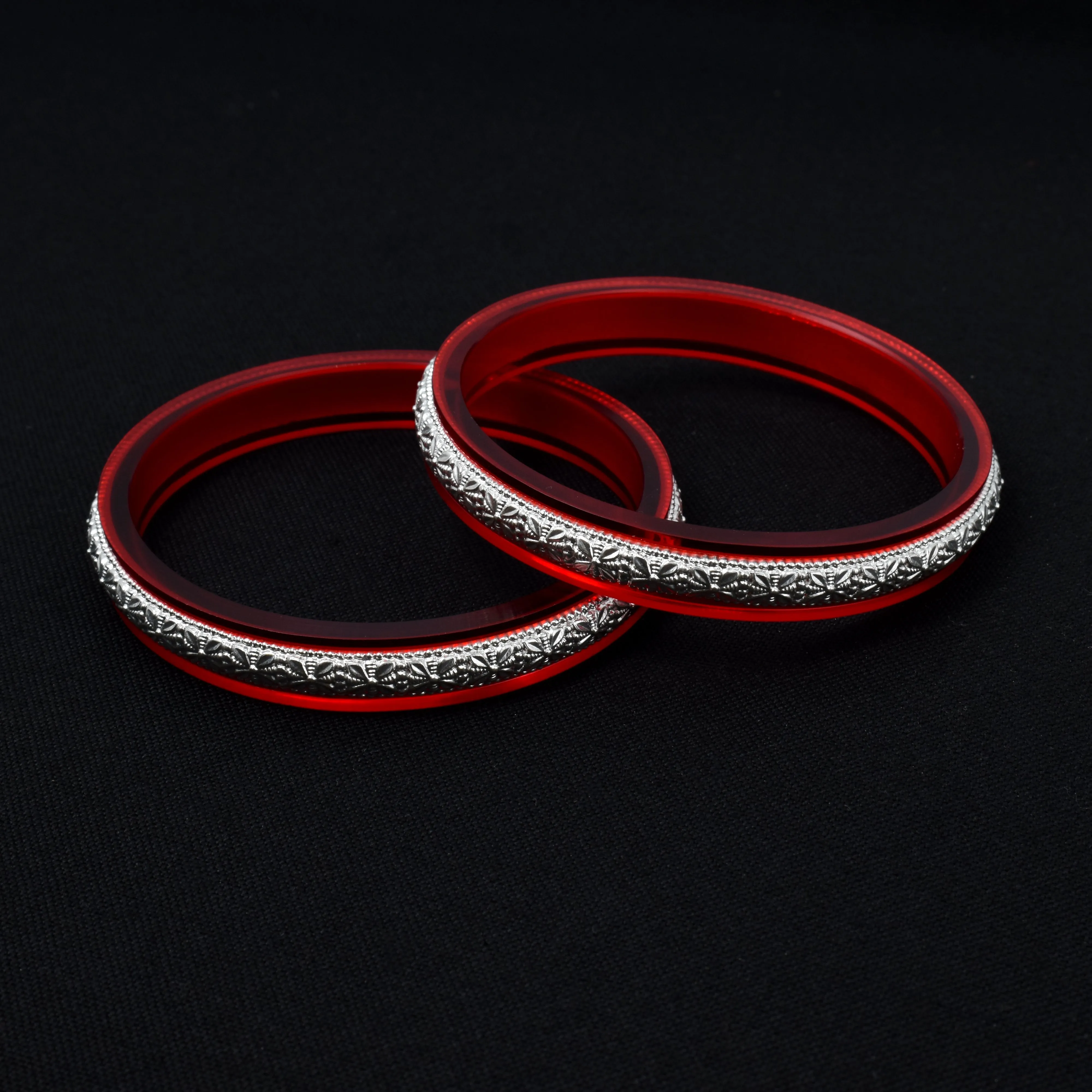 Beautiful Red Bangles with Delicate Silver Engraving