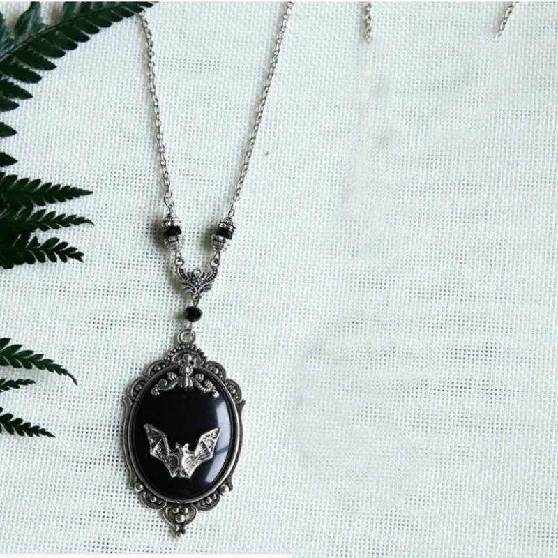 Black Cameo Necklace w/ Bat Detail