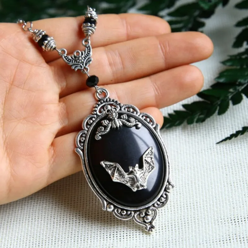 Black Cameo Necklace w/ Bat Detail