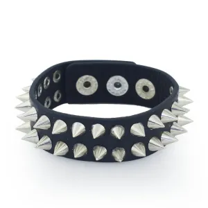 Black Leather Bracelet w/ 2 Rows of Silver Spikes