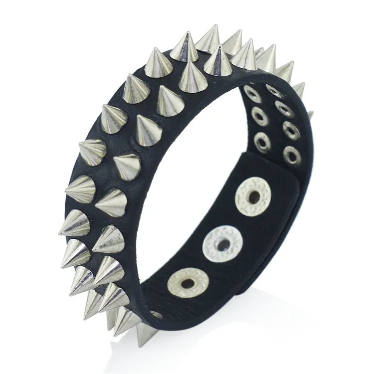 Black Leather Bracelet w/ 2 Rows of Silver Spikes