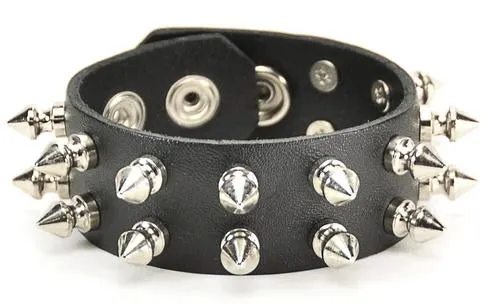 Black Leather Bracelet w/ 2 Rows of Silver Spikes