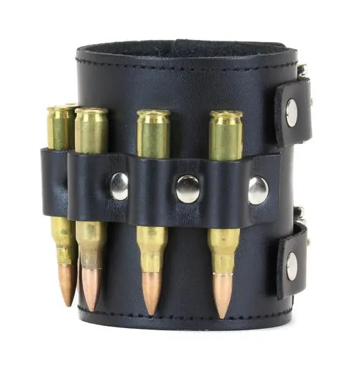 Black Leather Bracelet w/ Brass Bullet Details