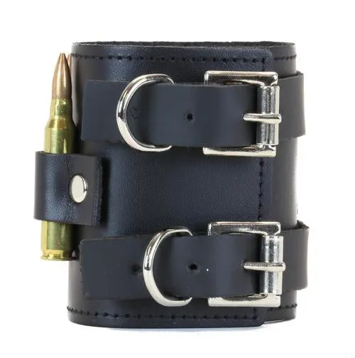 Black Leather Bracelet w/ Brass Bullet Details