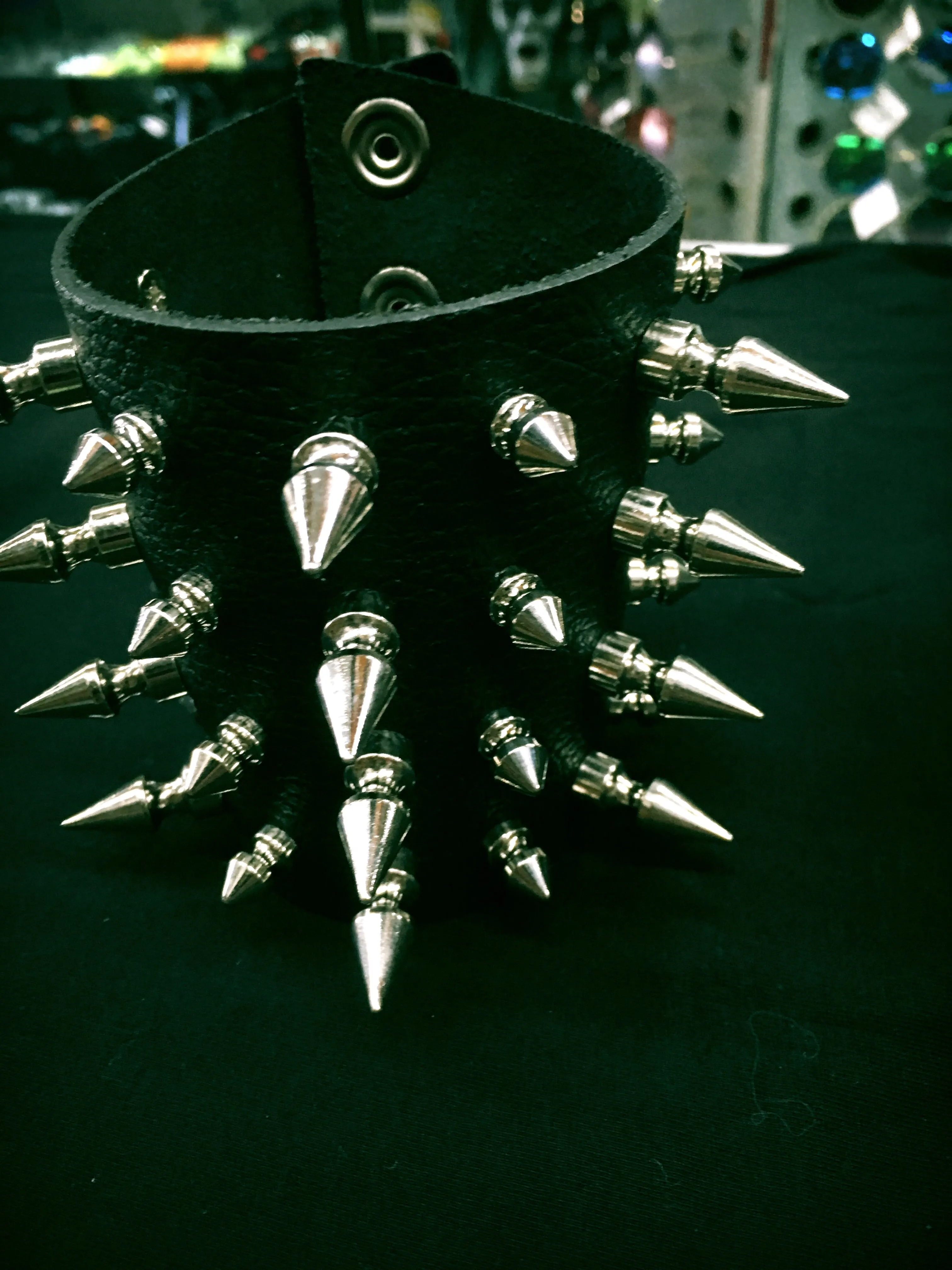 Black Leather Bracelet w/ Multi-Sized Silver Spikes