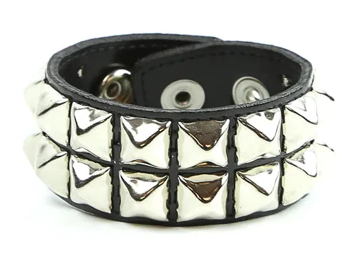 Black Patent Leather Bracelet w/ 2 Rows of Silver Pyramid Studs