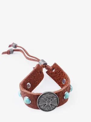 BR190325-12   Thunderbird Nickel Turquoise Stone Leather Bracelet