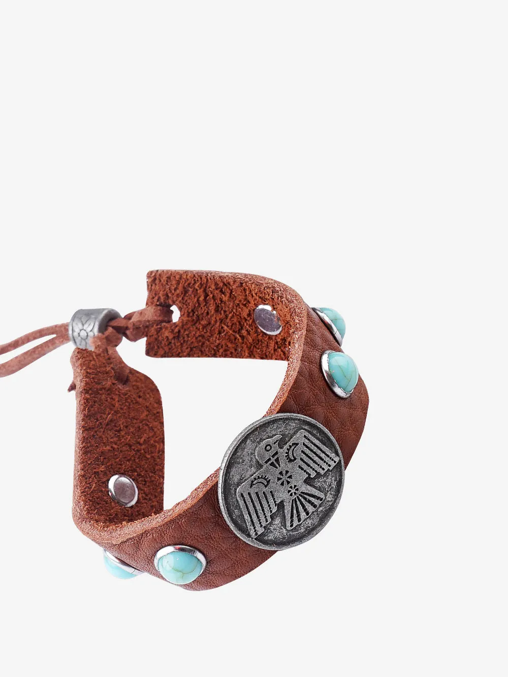 BR190325-12   Thunderbird Nickel Turquoise Stone Leather Bracelet