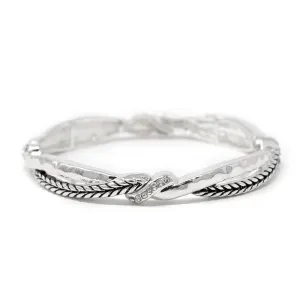 Braided and Hammered Stretch Bracelet with CZ Silver Tone