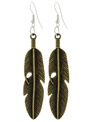 Bronze Antiqued Metal Long Feather Shaped Dangling Earrings