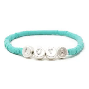 Celluloid Disc Beads LOVE Stretch Bracelet Turquoise