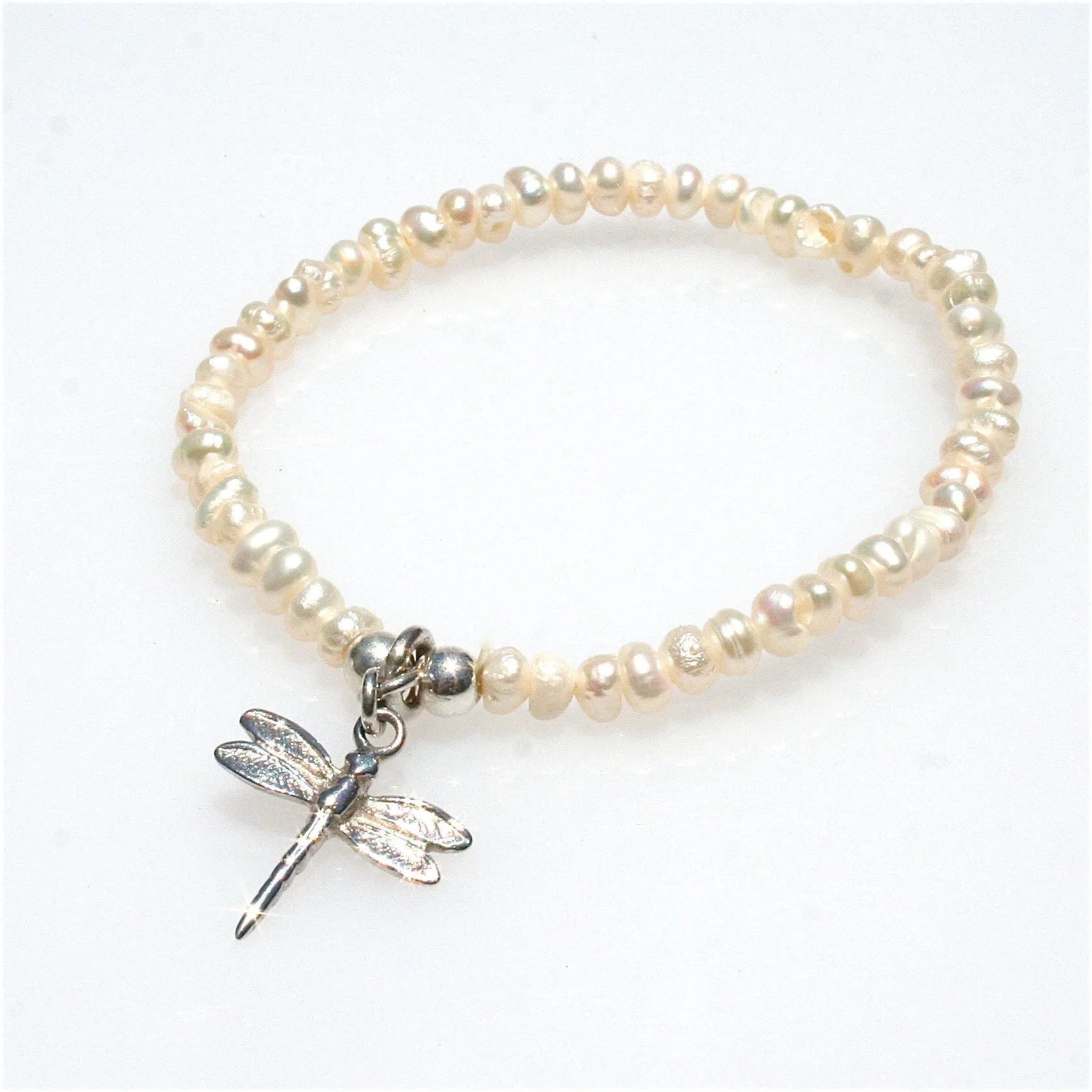 Children’s Pearl Bracelet with Sterling Silver Dragonfly Charm