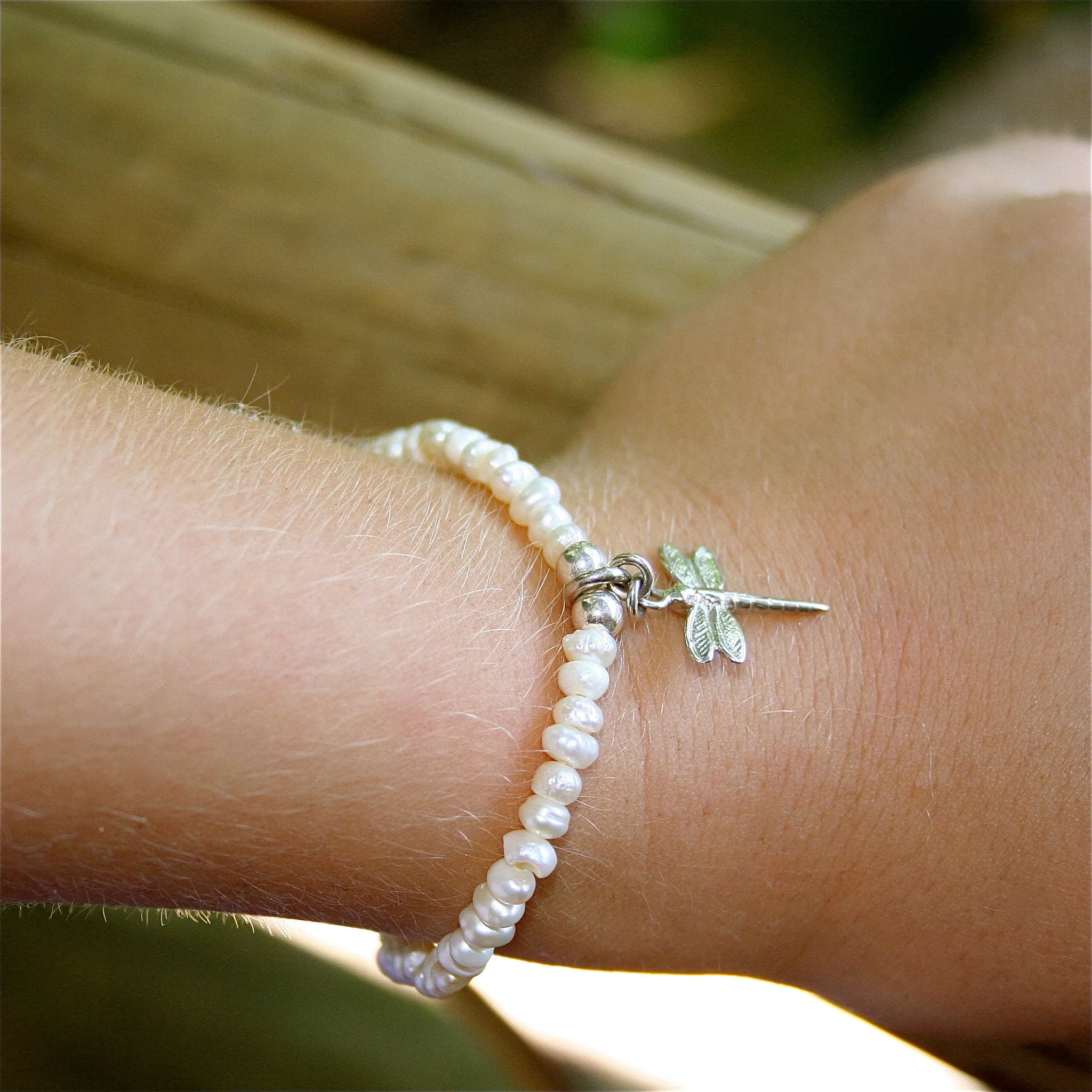 Children’s Pearl Bracelet with Sterling Silver Dragonfly Charm