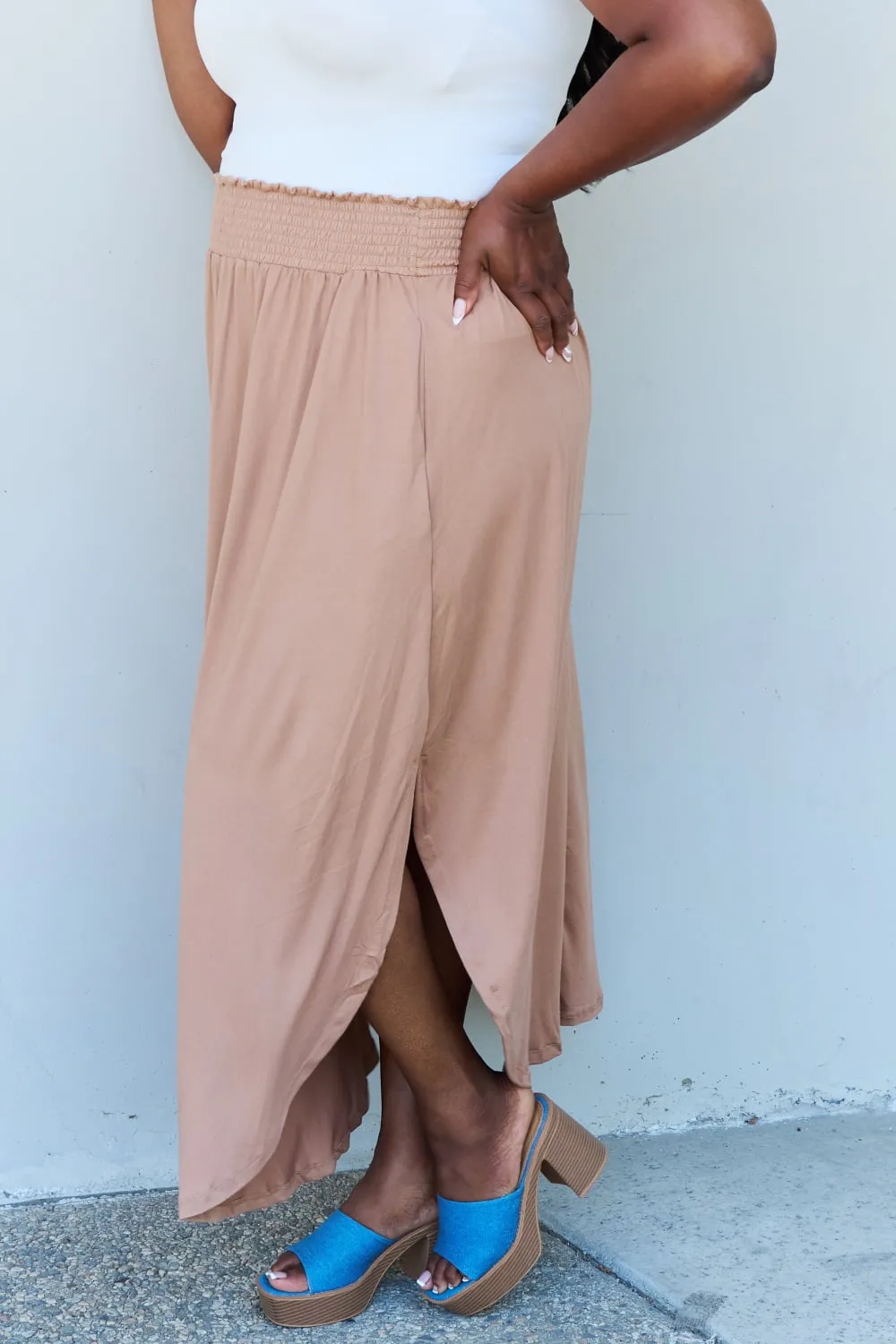 Comfort Princess High Waist Scoop Hem Maxi Skirt in Tan