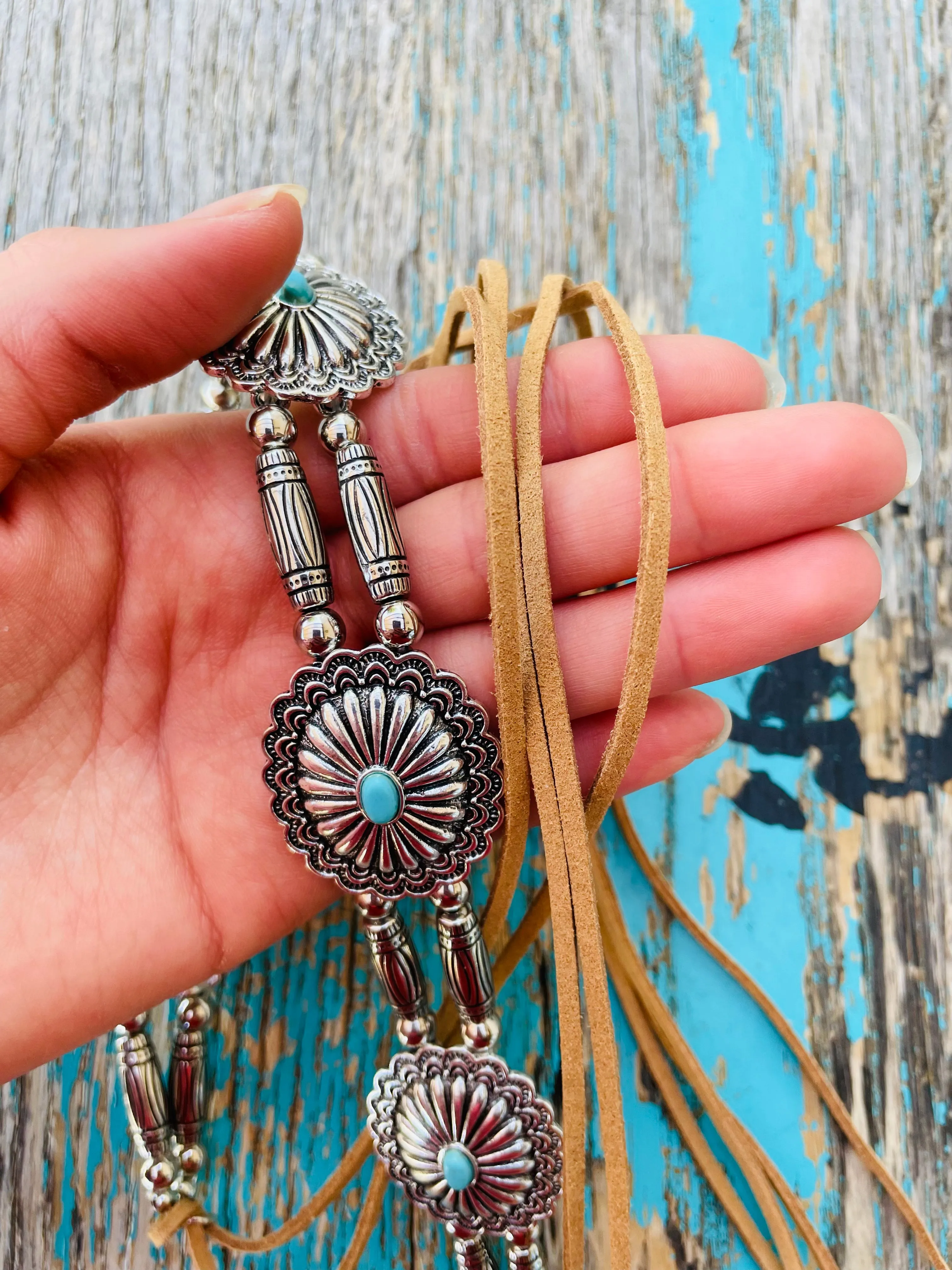 Concho & Turquoise on Leather Necklace