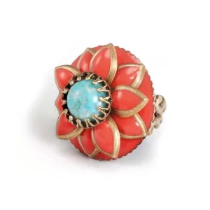 Coral and Turquoise Starflower Ring