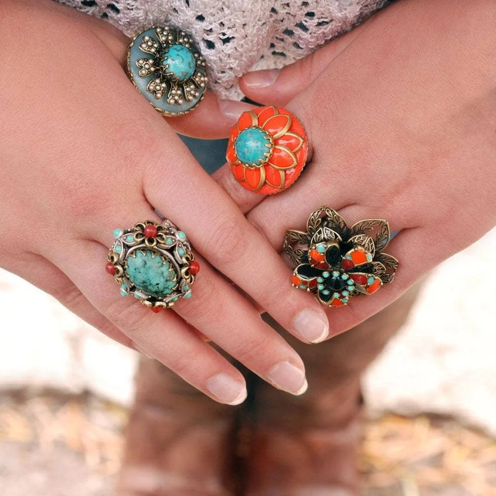 Coral and Turquoise Starflower Ring