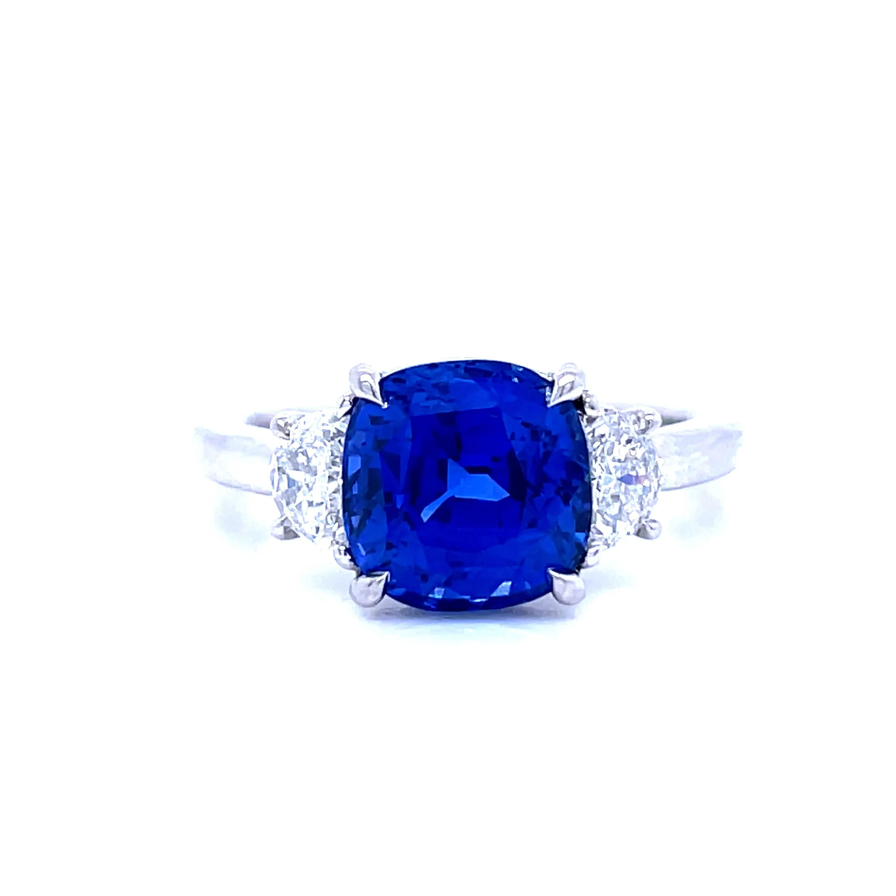 Cushion Blue Sapphire & Diamond Three Stone Ring