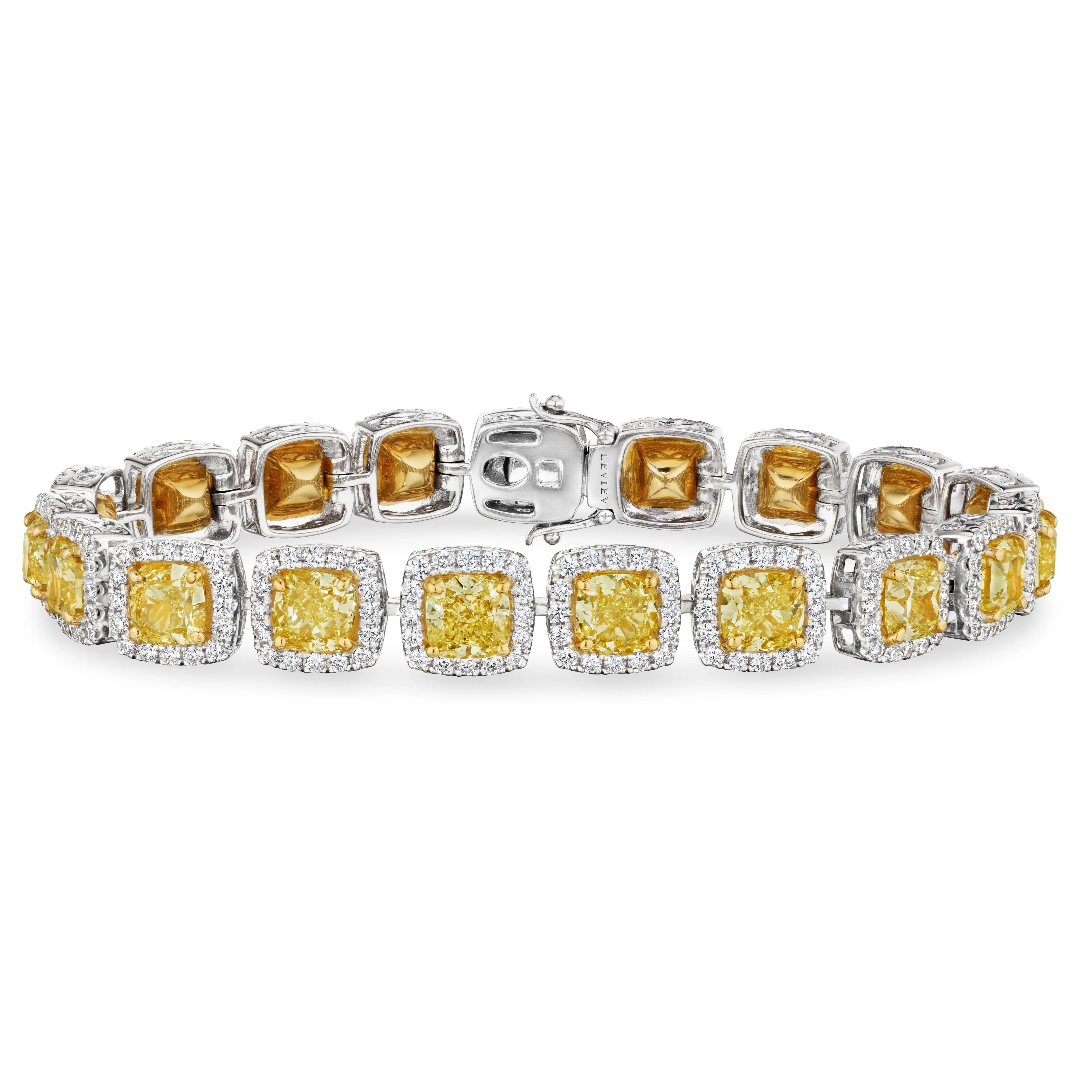 Cushion Cut Fancy Yellow Diamond Bracelet with Halo, 19 CT