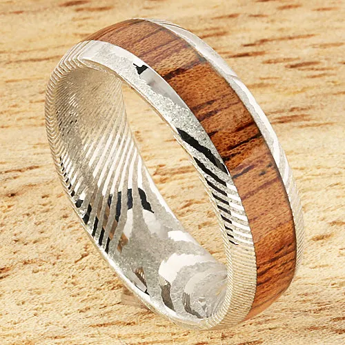 Damascus Steel Natural Koa Wood Oval Wedding Ring 6mm