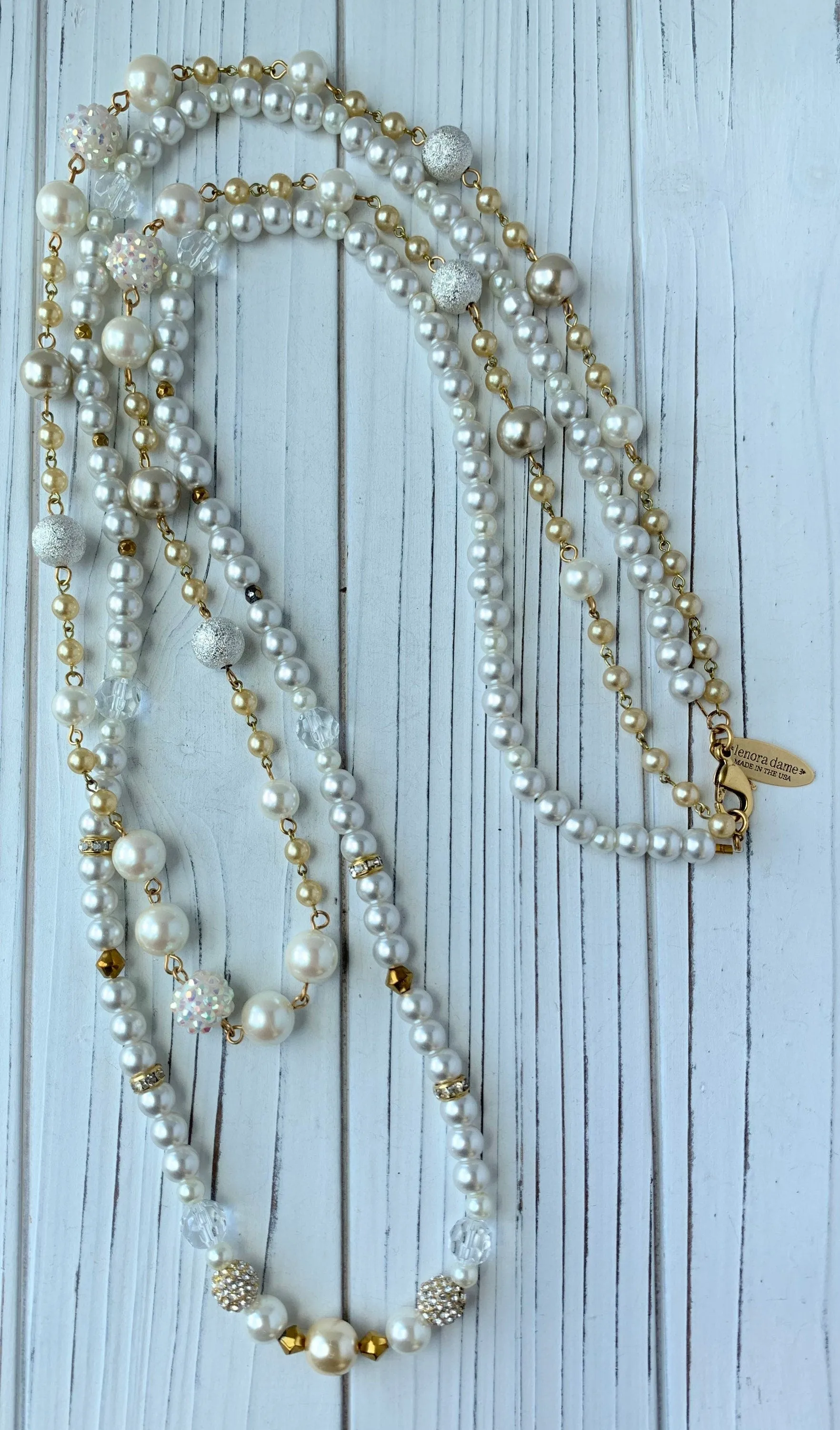 Double Strand Long Pearl & Crystal Necklace