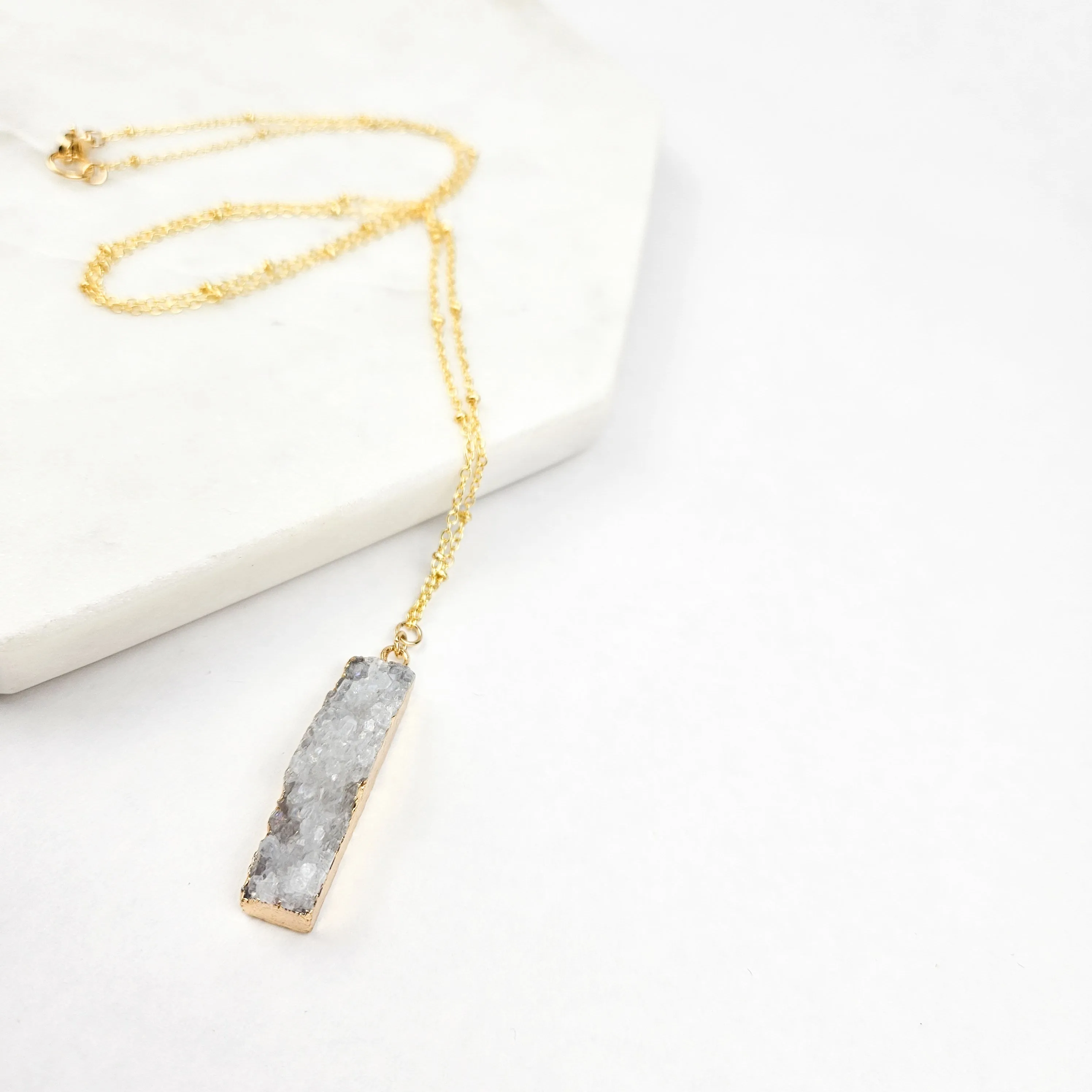 Druzy Quartz Bar Gold Necklace