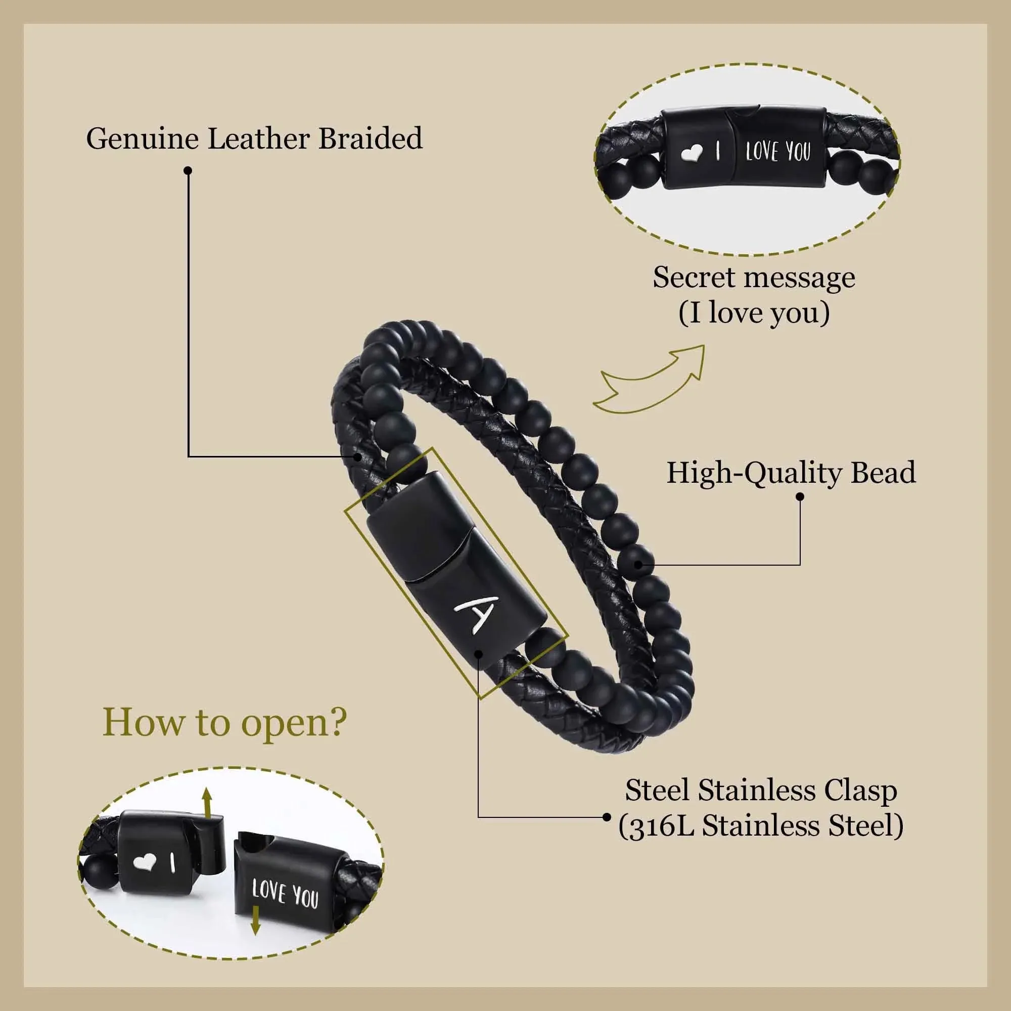 eather Bracelet for Men Initial O Layered Black Beaded Bracelets I Love You Gifts for Him