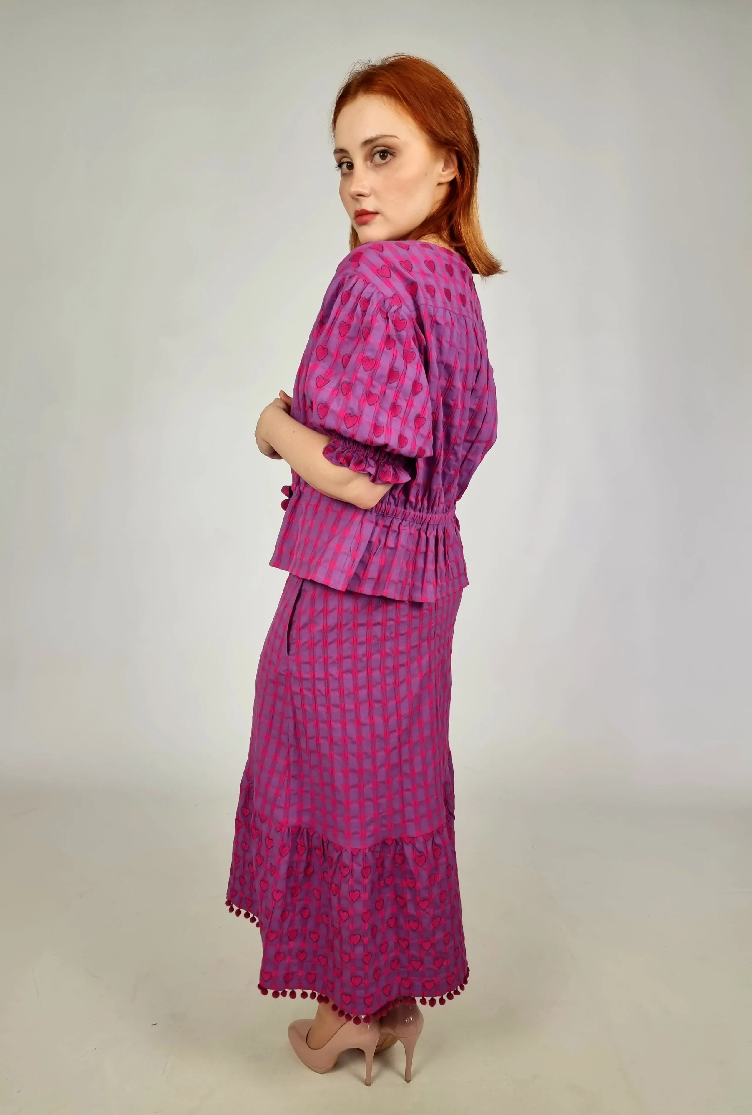 Emily Lovelock Pink Dobby Jacquard Blouse & Jacquard Skirt