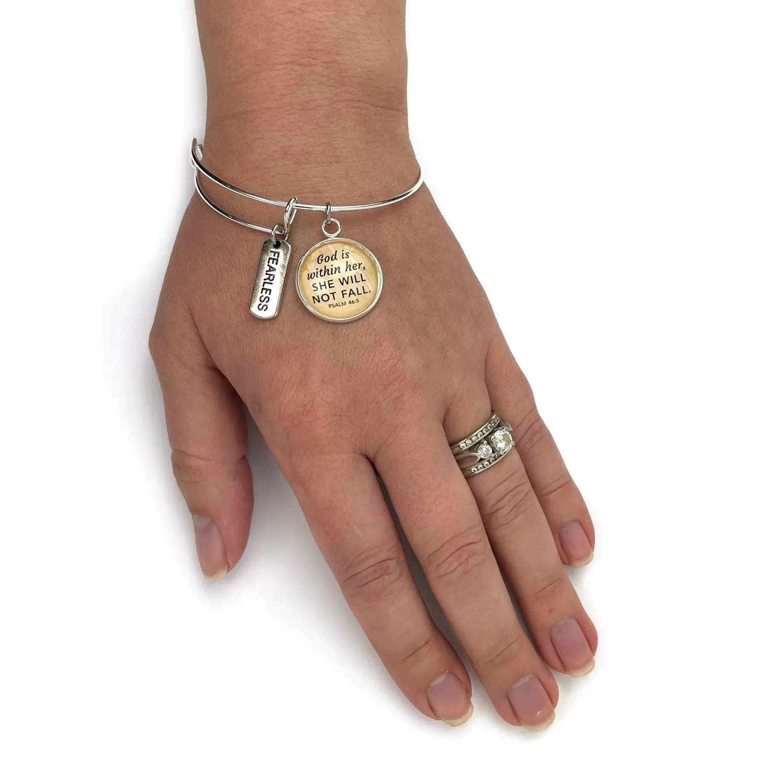 Enough, Faith, Family, Fearless, Forever, Word Scripture Charm Bangle Bracelet - Christian Affirmations Jewelry, Silver