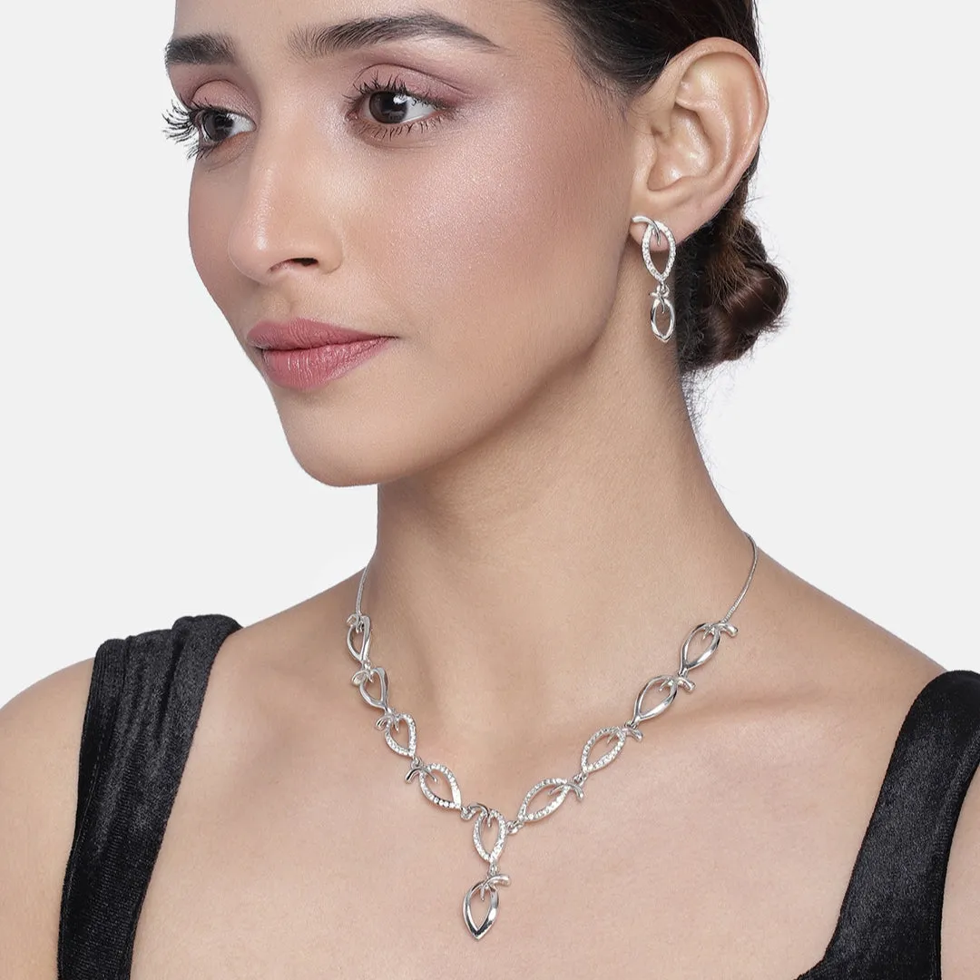 Estele - Simply Leafy Diamante silver plated Neckalce Set