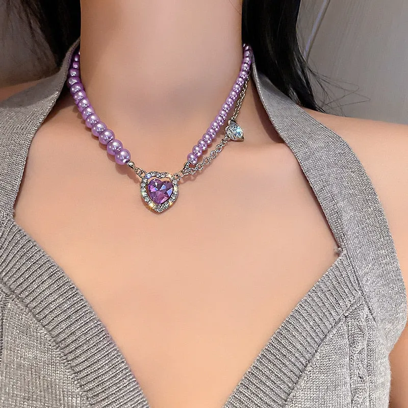 FYUAN Korean Style Heart Crystal Choker Necklaces for Women Purple Pearl Necklaces Party Jewelry Gifts