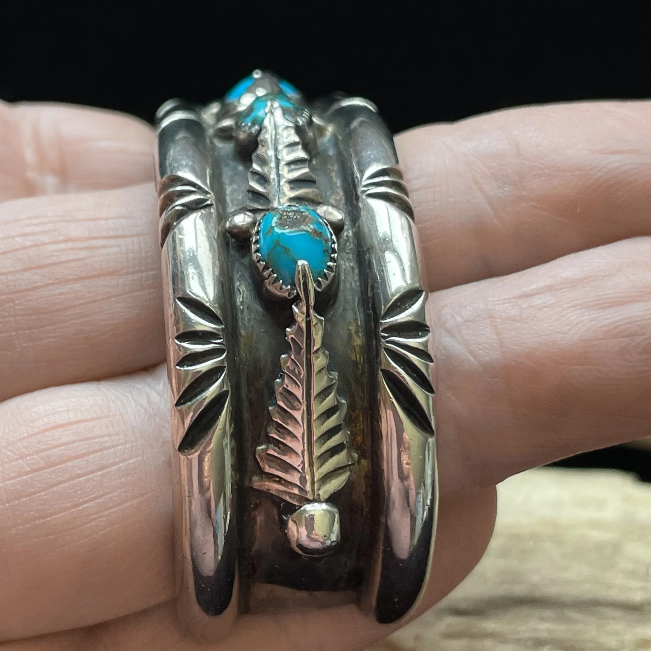 G.A. Vintage 70s Sterling Turquoise Leaf Applique Bracelet, Genevieve Apachito Navajo