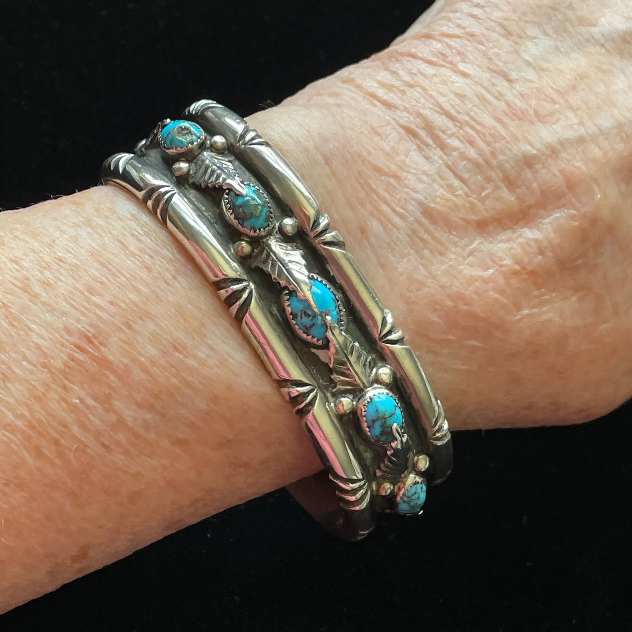 G.A. Vintage 70s Sterling Turquoise Leaf Applique Bracelet, Genevieve Apachito Navajo