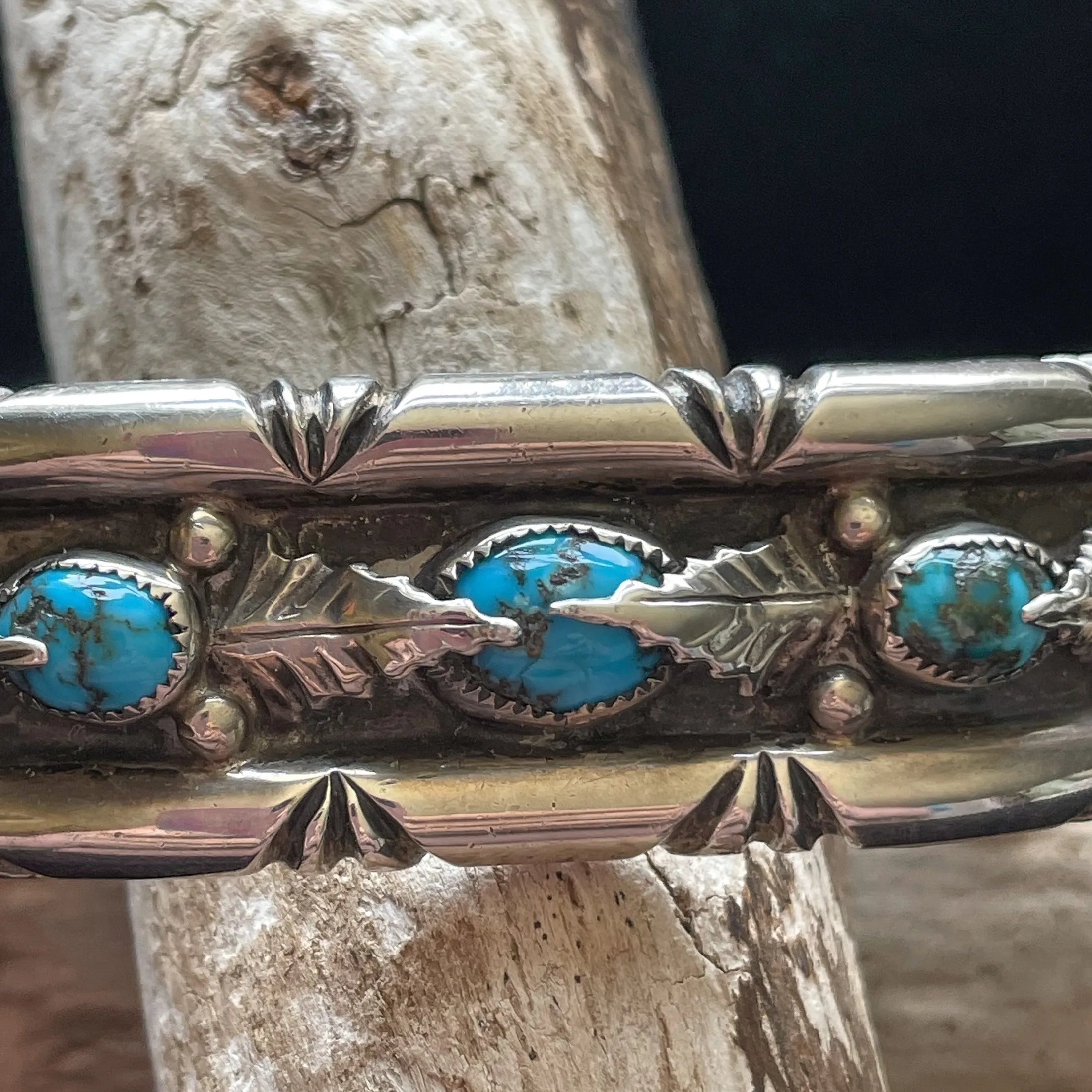 G.A. Vintage 70s Sterling Turquoise Leaf Applique Bracelet, Genevieve Apachito Navajo