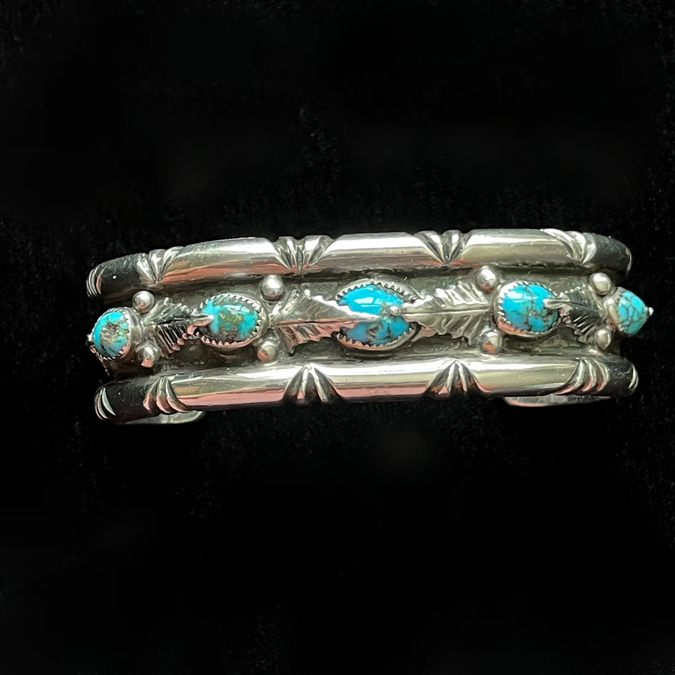 G.A. Vintage 70s Sterling Turquoise Leaf Applique Bracelet, Genevieve Apachito Navajo