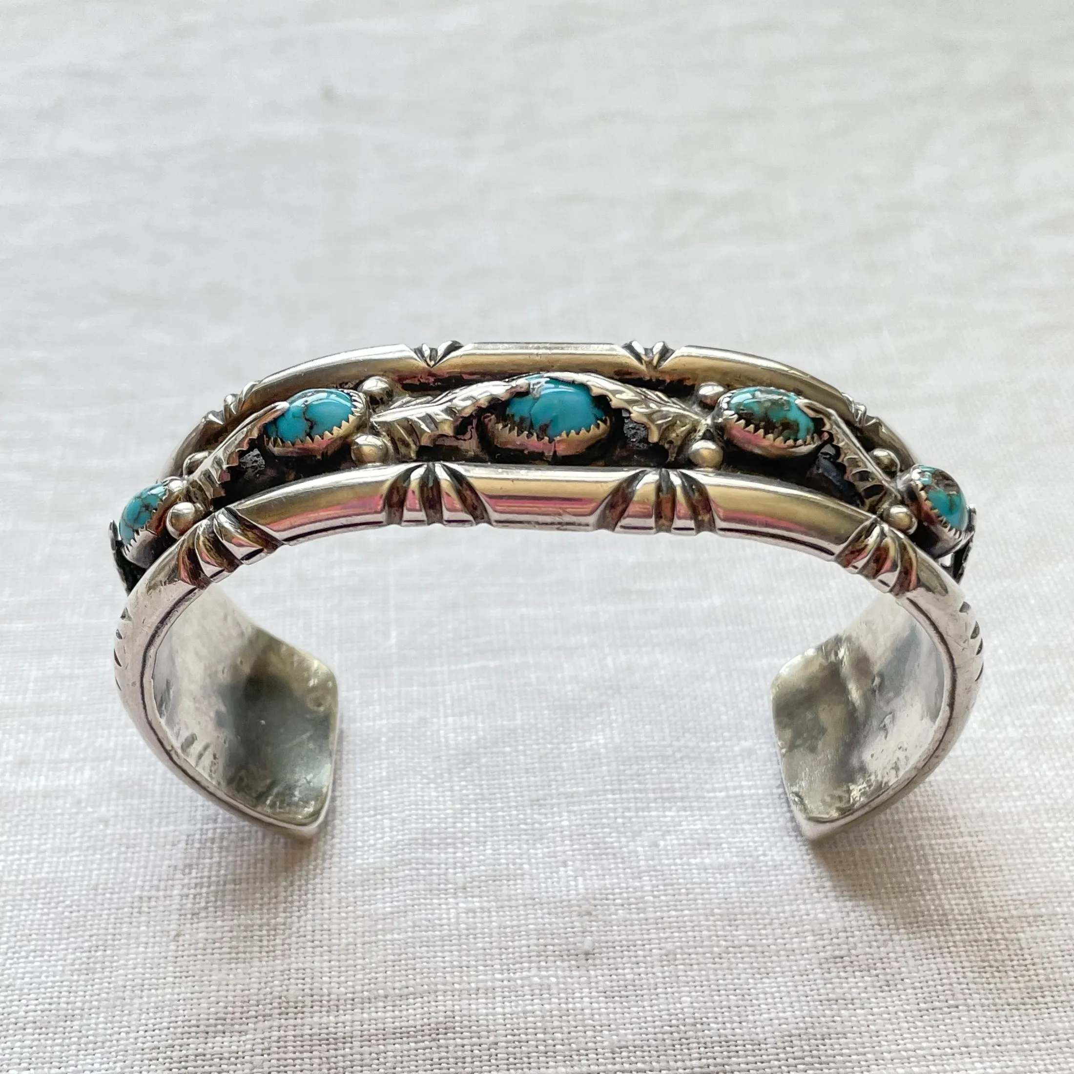 G.A. Vintage 70s Sterling Turquoise Leaf Applique Bracelet, Genevieve Apachito Navajo