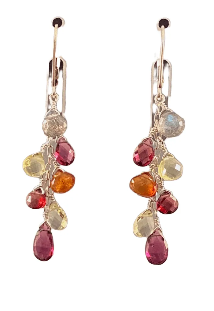 Garnet Topaz Lemon Quartz Citrine Labradorite Silver Waterfall Gemstone Earrings