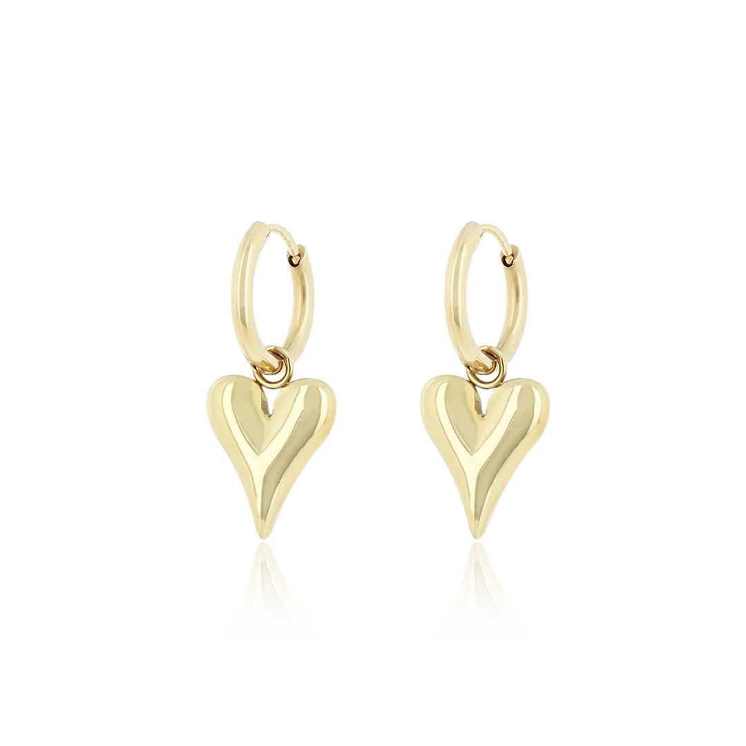 Gold coloured hoop earrings with a heart charm