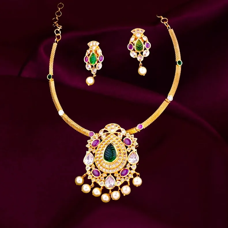 Gold Finish Pendant and Earrings with Red Green Kemp Necklace set