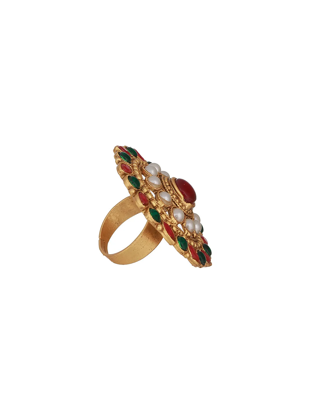 Gold Plated Stone Studded & Beaded Meenakari Adjustable Finger Rings