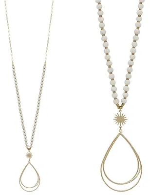 Gold Wired Teardrop , Starburst with Ivory Wood 32" Necklace