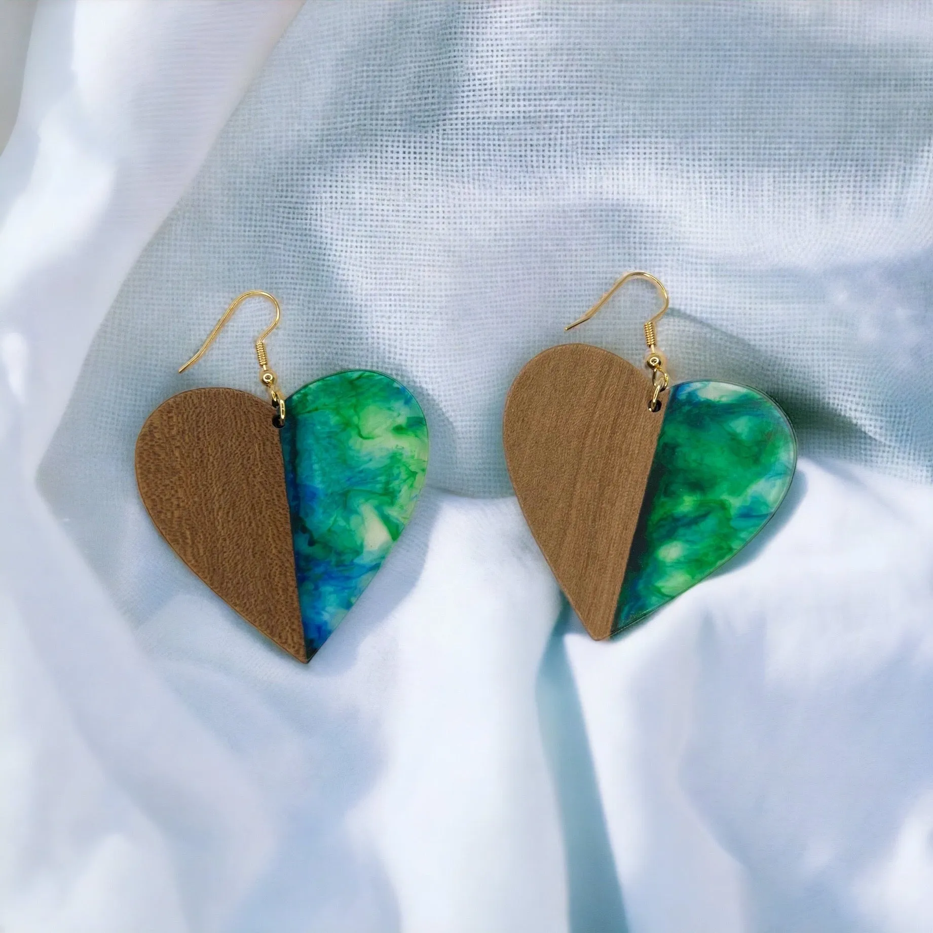 Green Heart Earrings - Wood Jewelry, Stained Glass, Heart Accessories, Green Jewelry, Color Block Jewelry, Dangle Earrings, Green Earrings