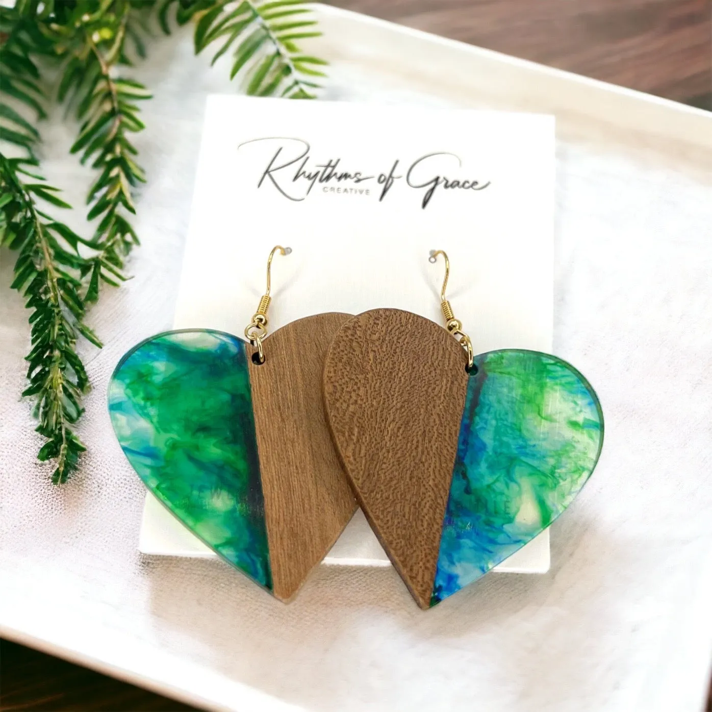 Green Heart Earrings - Wood Jewelry, Stained Glass, Heart Accessories, Green Jewelry, Color Block Jewelry, Dangle Earrings, Green Earrings