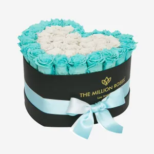 Heart Black Box | Turquoise & Off White Roses