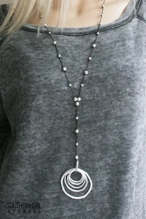 Long Necklace with Metal Alloy Rings and Beads