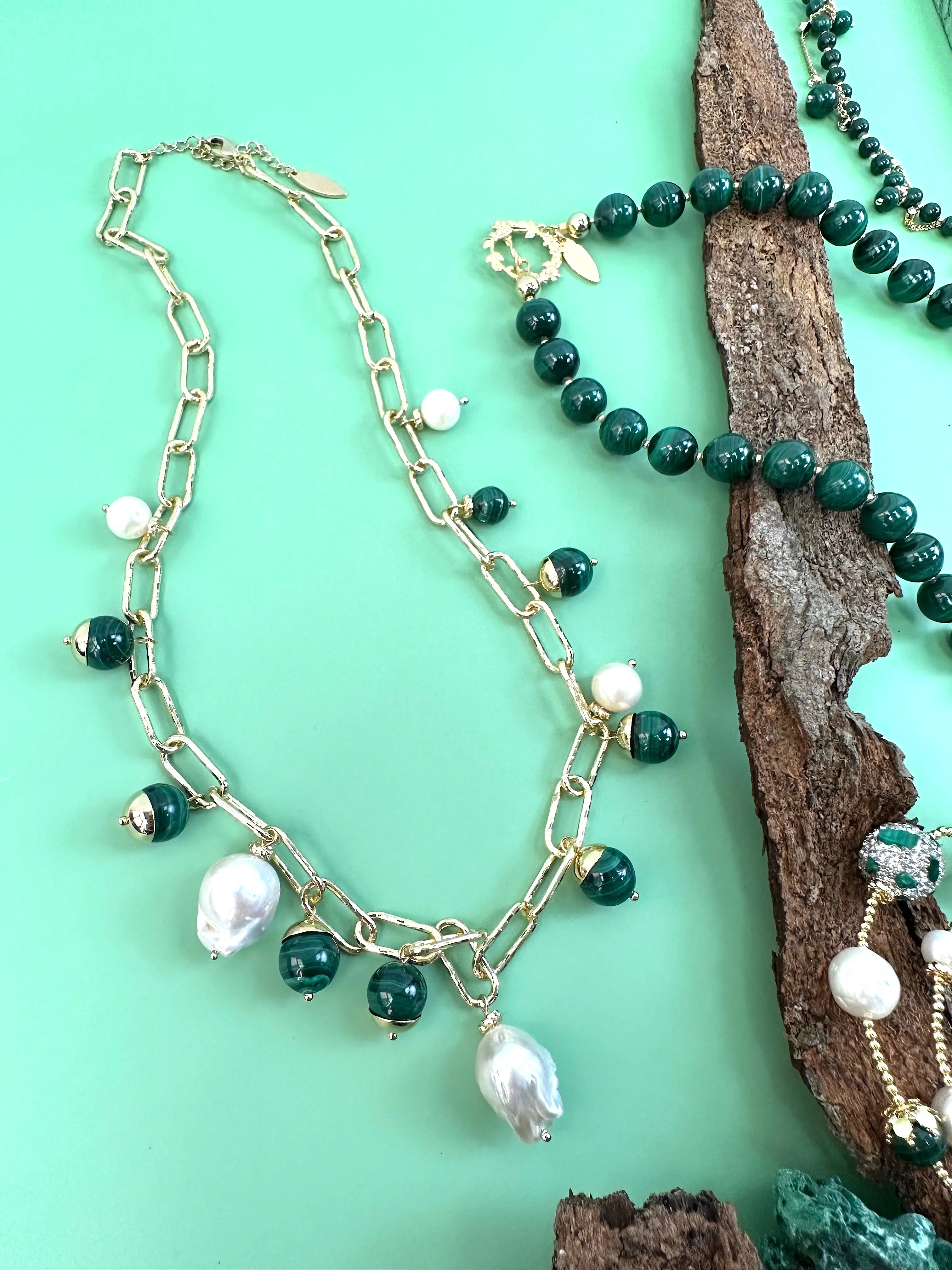 Malachite With Freshwater Pearls Chain Necklace JN046