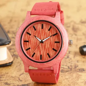 Pink Wooden Case and Leather Strap Watch