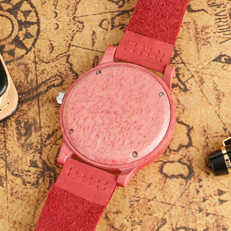 Pink Wooden Case and Leather Strap Watch