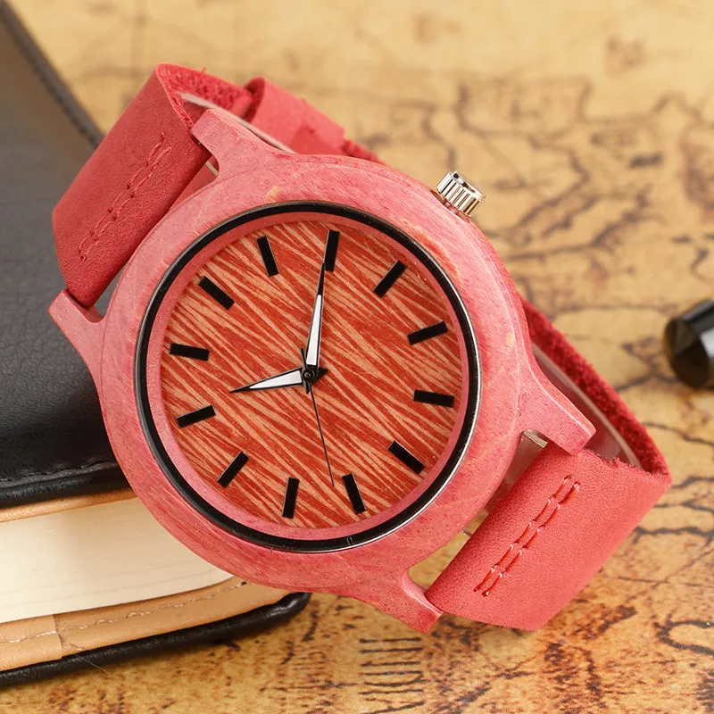 Pink Wooden Case and Leather Strap Watch